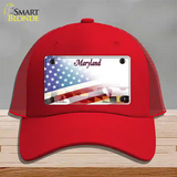 Maryland State with American Flag Novelty License Plate Hat Mesh / Red