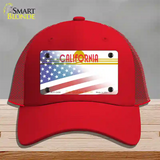 California Golden with American Flag Novelty License Plate Hat Mesh / Red