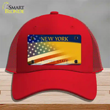 New York Yellow with American Flag Novelty License Plate Hat Mesh / Red