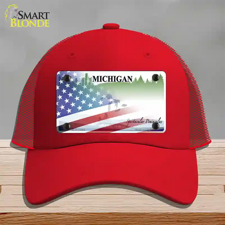 Michigan Peninsulas Plate American Flag Novelty License Plate Hat Mesh / Red