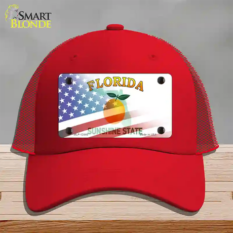 Florida Orange with American Flag Novelty License Plate Hat Mesh / Red