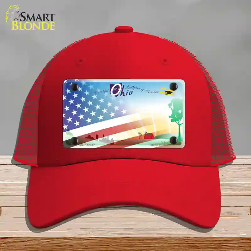 Ohio Birthplace with American Flag Novelty License Plate Hat Mesh / Red