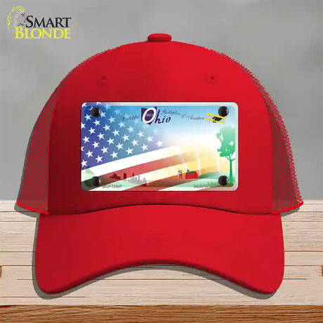 Ohio Birthplace with American Flag Novelty License Plate Hat Mesh / Red