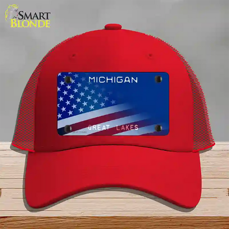 Michigan Great Lakes Plate American Flag Novelty License Plate Hat Mesh / Red