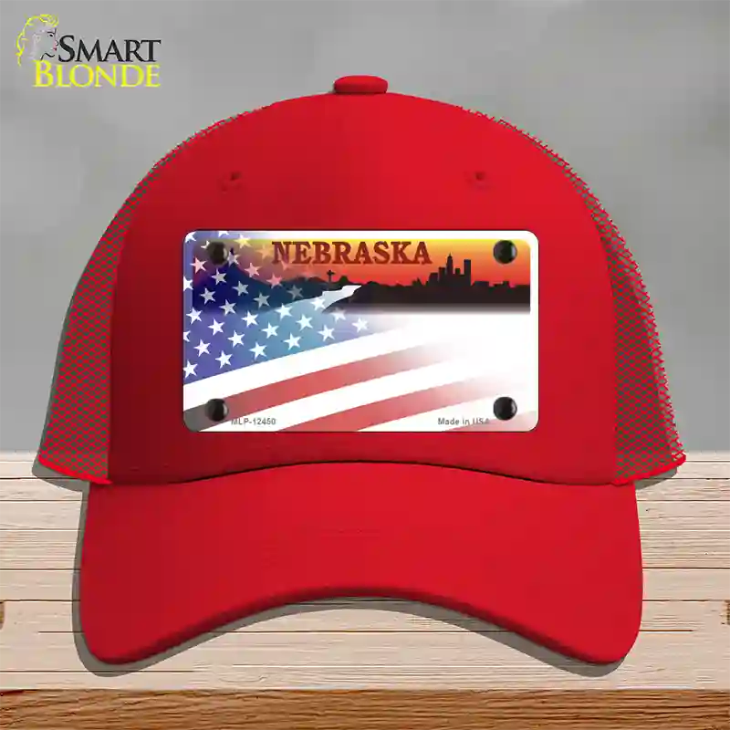 Nebraska Amber with American Flag Novelty License Plate Hat Mesh / Red