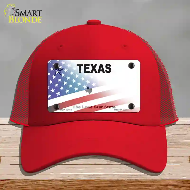 Texas White with American Flag Novelty License Plate Hat Mesh / Red