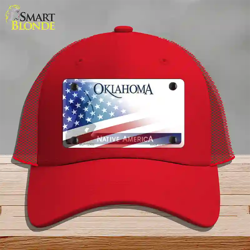 Oklahoma Bow with American Flag Novelty License Plate Hat Mesh / Red