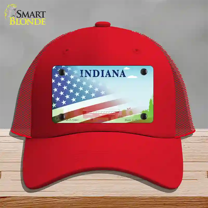 Indiana Bridge Plate American Flag Novelty License Plate Hat Mesh / Red