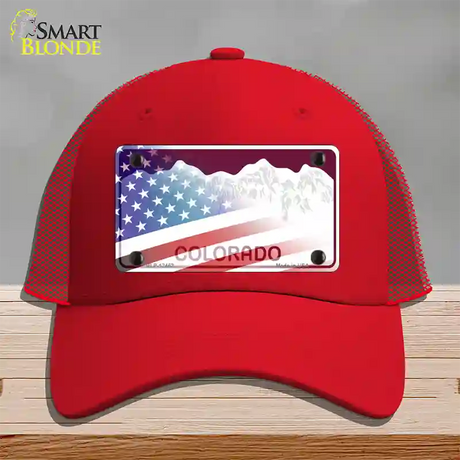 Colorado Red with American Flag Novelty License Plate Hat Mesh / Red