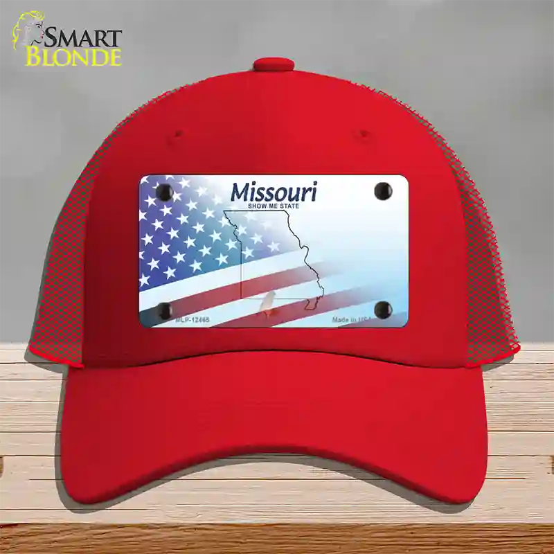 Missouri Show Me with American Flag Novelty License Plate Hat Mesh / Red