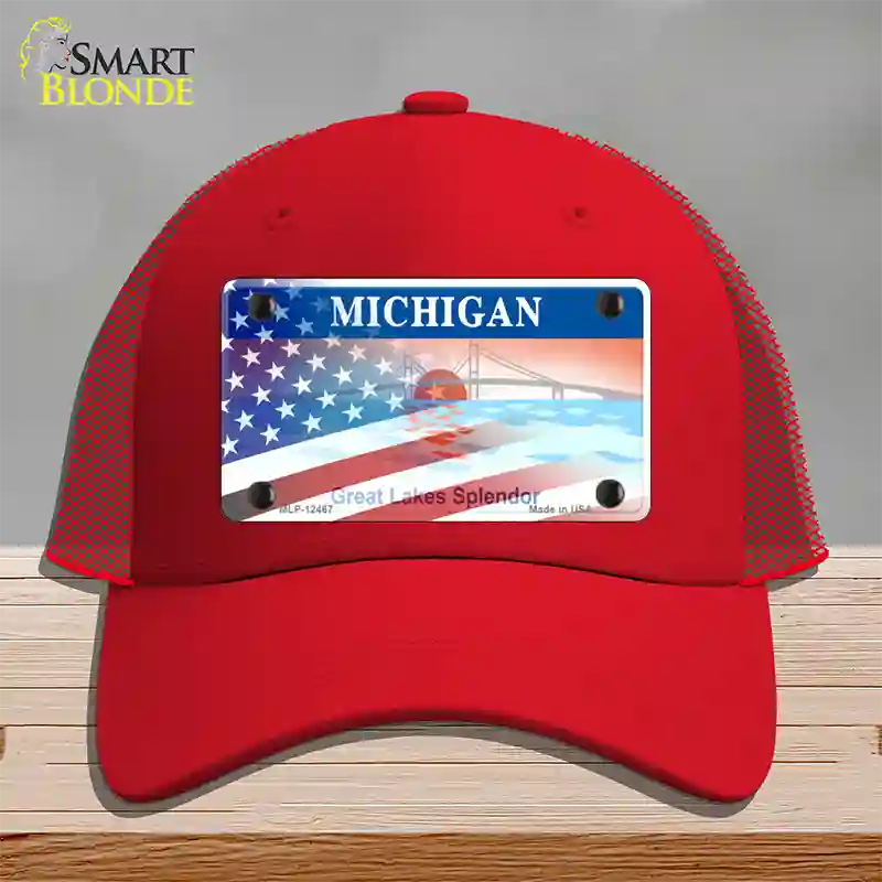 Michigan Splendor with American Flag Novelty License Plate Hat Mesh / Red