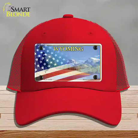 Wyoming State with American Flag Novelty License Plate Hat Mesh / Red