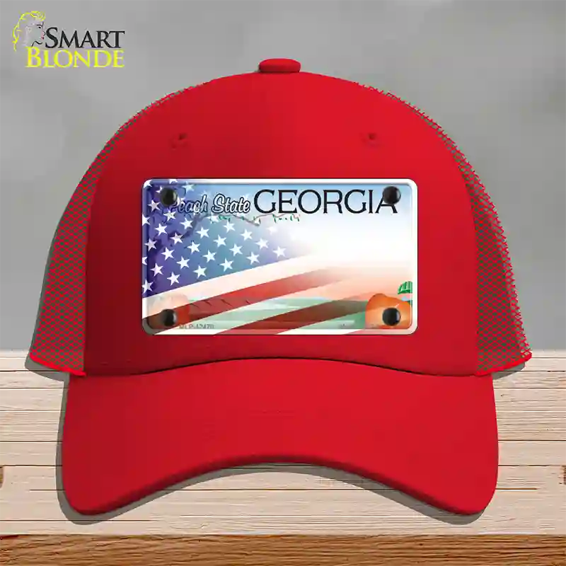 Georgia Peach with American Flag Novelty License Plate Hat Mesh / Red