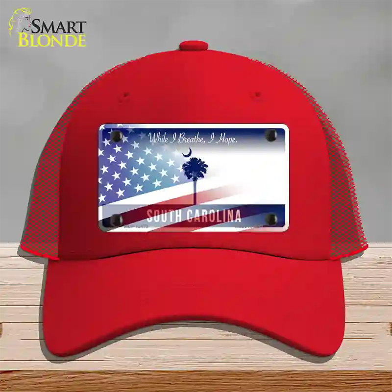 South Carolina Blue with American Flag Novelty License Plate Hat Mesh / Red