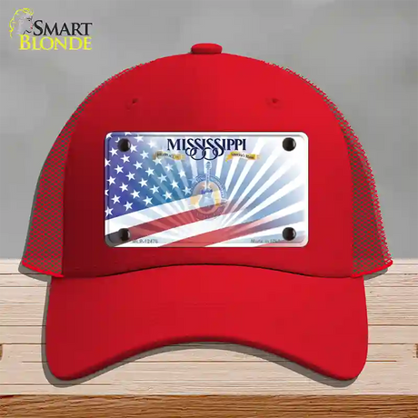 Mississippi Blue with American Flag Novelty License Plate Hat Mesh / Red