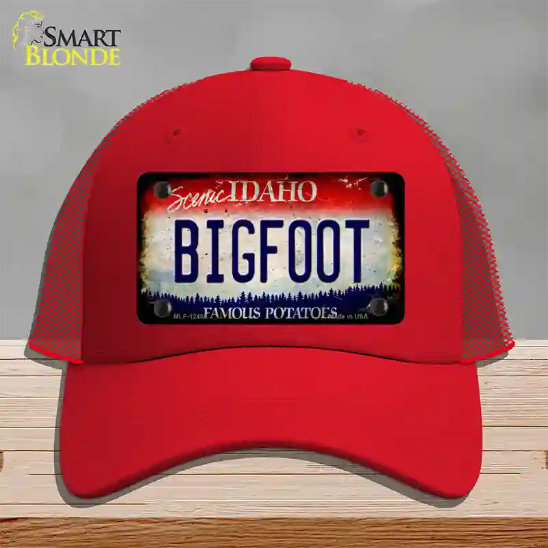 Bigfoot Idaho Novelty License Plate Hat Mesh / Red