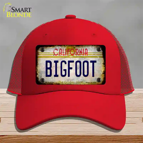 Bigfoot California Novelty License Plate Hat Mesh / Red