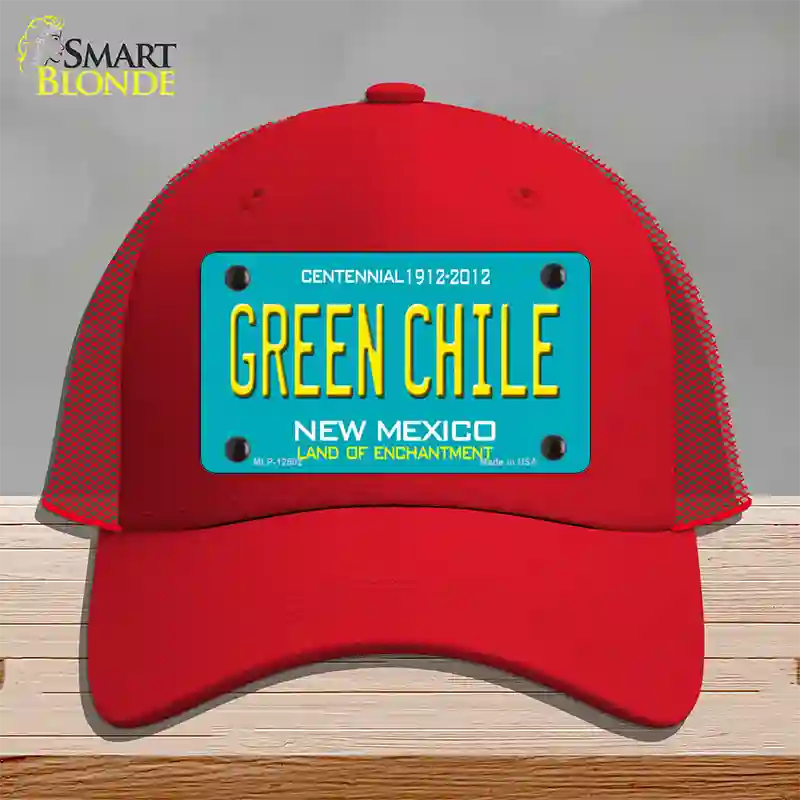 Green Chile New Mexico Green Novelty License Plate Hat Mesh / Red