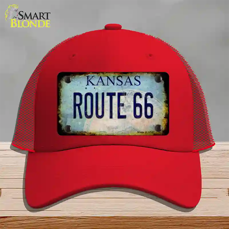 Route 66 Kansas Rusty Novelty License Plate Hat Mesh / Red