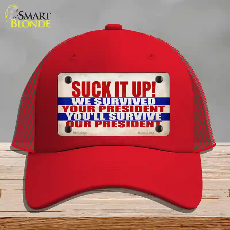 Suck It Up We Survived Novelty License Plate Hat Mesh / Red