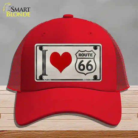 I Love Route 66 Novelty License Plate Hat Mesh / Red