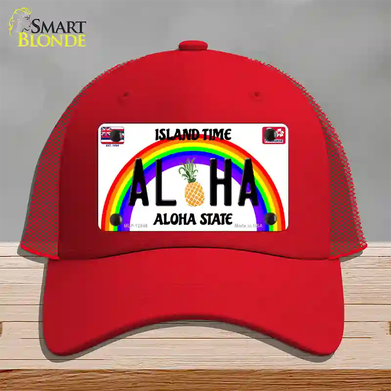 Aloha Pineapple Hawaii Novelty License Plate Hat Mesh / Red