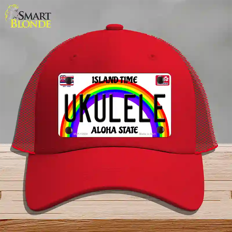 Ukulele Hawaii Novelty License Plate Hat Mesh / Red