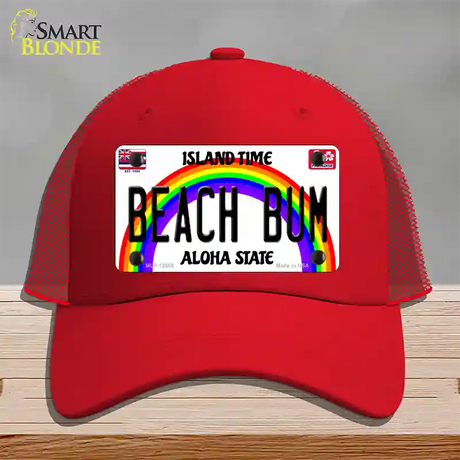 Beach Bum Hawaii Novelty License Plate Hat Mesh / Red