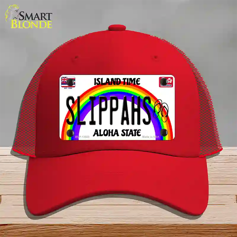 Slippahs Hawaii Novelty License Plate Hat Mesh / Red