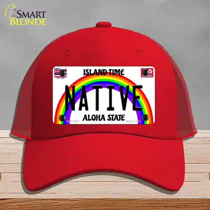 Native Hawaii Novelty License Plate Hat Mesh / Red