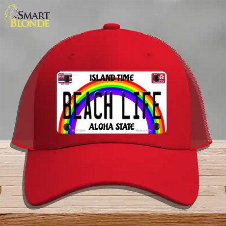 Beach Life Hawaii Novelty License Plate Hat Mesh / Red