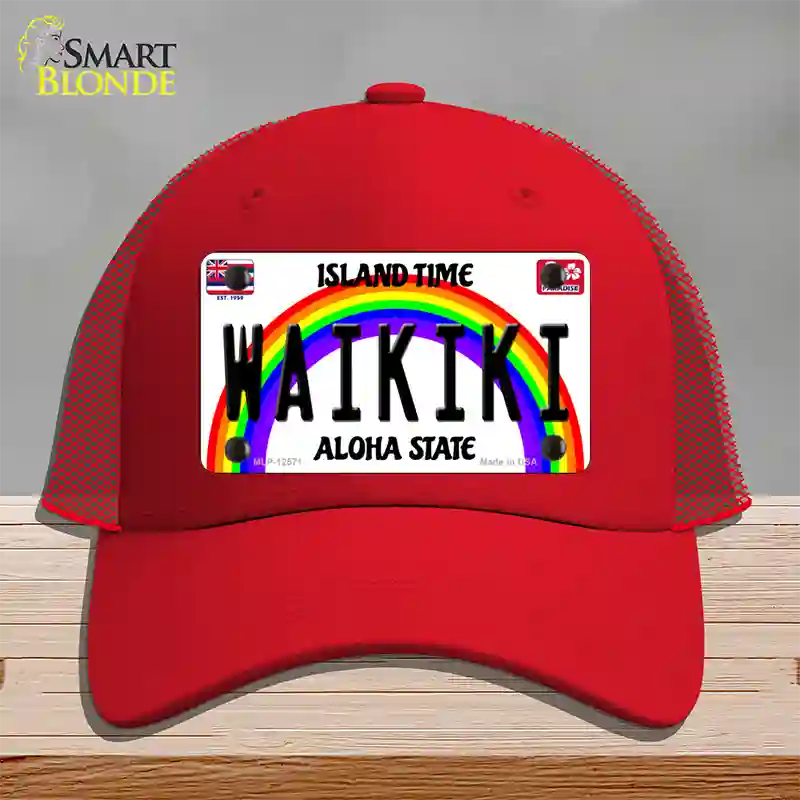 Waikiki Hawaii Novelty License Plate Hat Mesh / Red