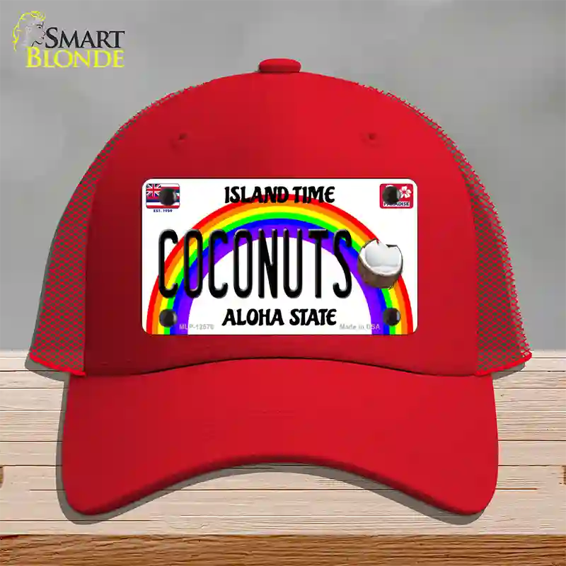 Coconuts Hawaii Novelty License Plate Hat Mesh / Red