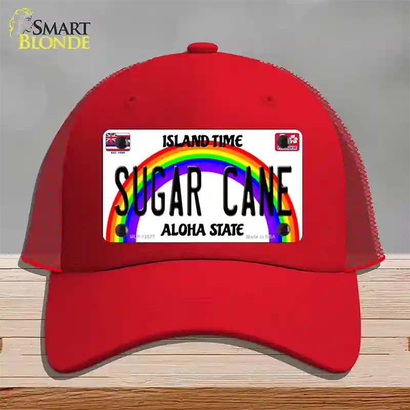 Sugar Cane Hawaii Novelty License Plate Hat Mesh / Red