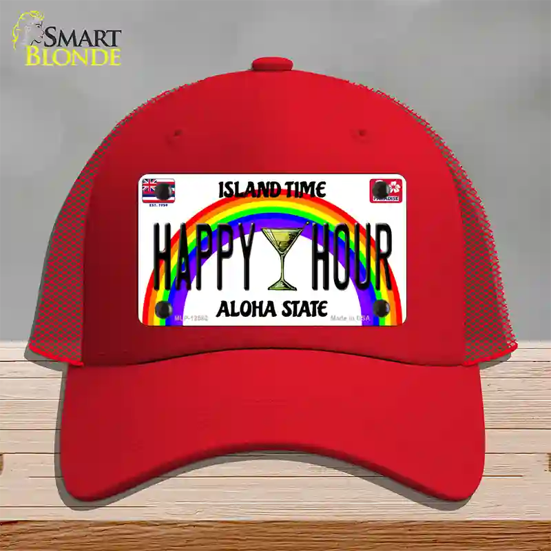 Happy Hour Hawaii Novelty License Plate Hat Mesh / Red