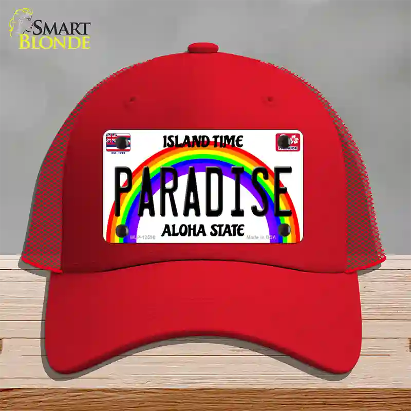 Paradise Hawaii Novelty License Plate Hat Mesh / Red