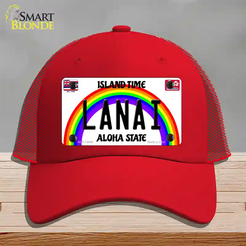 Lanai Hawaii Novelty License Plate Hat Mesh / Red