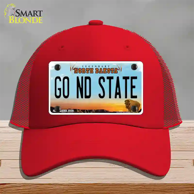 Go North Dakota State Novelty License Plate Hat Mesh / Red