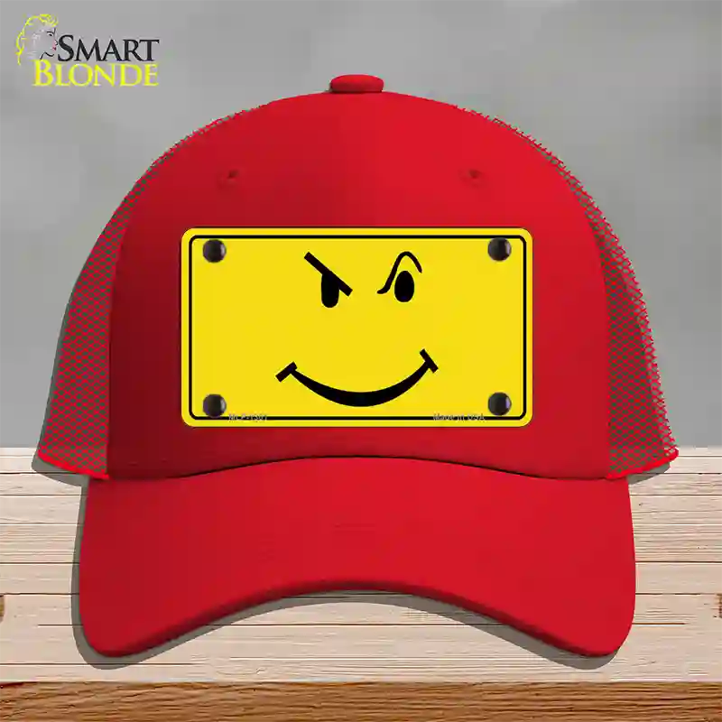 Defiant Smiley Novelty License Plate Hat Mesh / Red