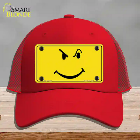 Defiant Smiley Novelty License Plate Hat Mesh / Red