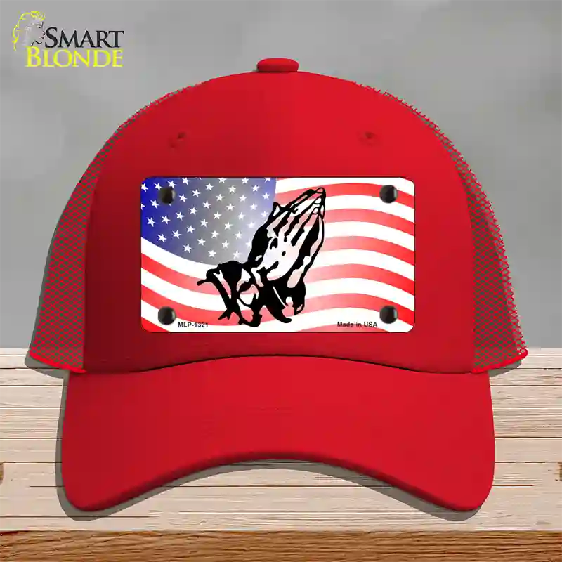 American Flag Praying Hands Novelty License Plate Hat Mesh / Red