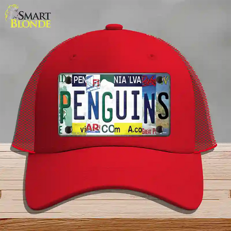 Penguins Strip Art Novelty License Plate Hat Tag Mesh / Red