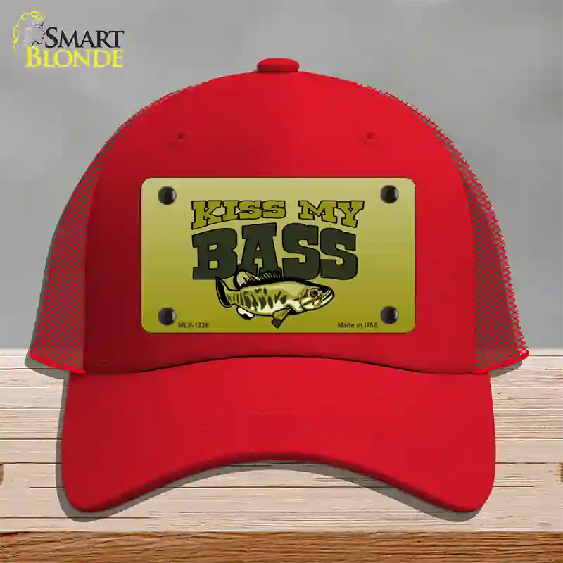 Kiss My Bass Novelty License Plate Hat Mesh / Red