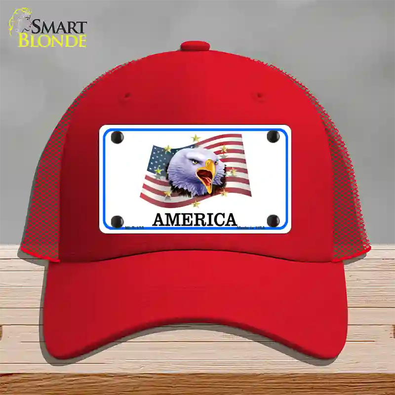 Waving Flag Bald Eagle Novelty License Plate Hat Mesh / Red