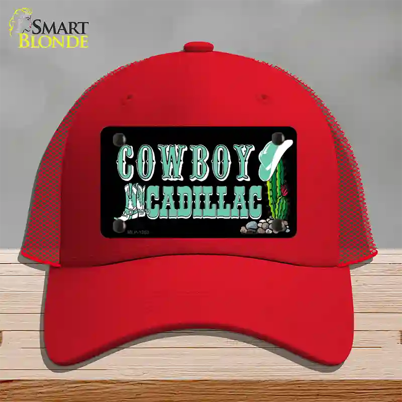 Cowboy Cadillac Novelty License Plate Hat Mesh / Red