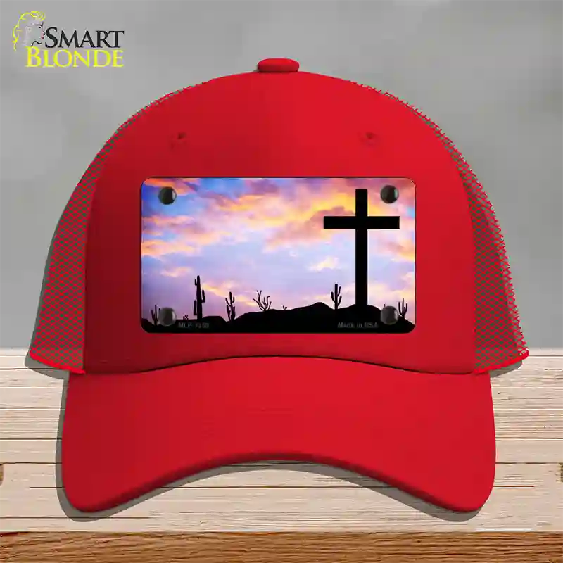 Cross Sunrise Photograph Novelty License Plate Hat Mesh / Red