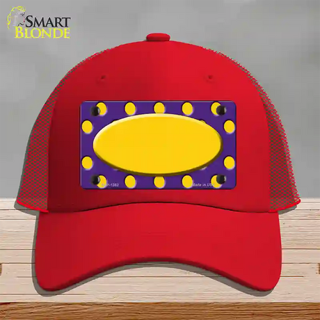 Yellow Purple Polka Dot Center Oval Novelty License Plate Hat Mesh / Red