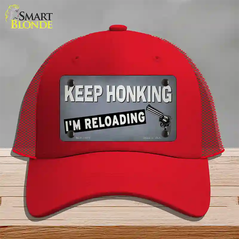 Keep Honking Reloading Novelty License Plate Hat Tag Mesh / Red