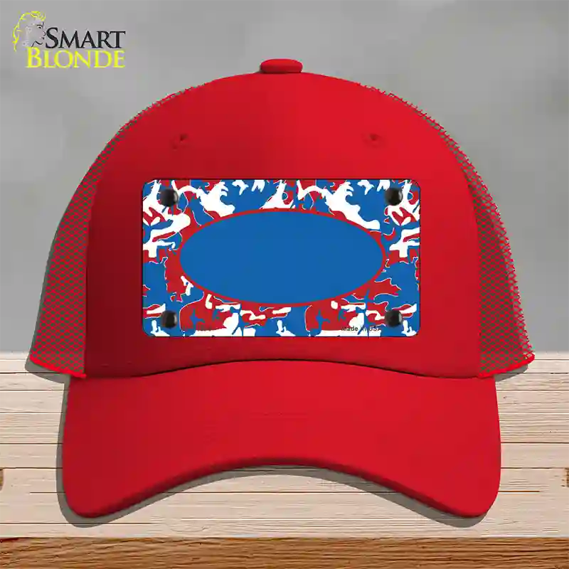 Patriotic Camouflage With Blue Center Oval Novelty License Plate Hat Mesh / Red