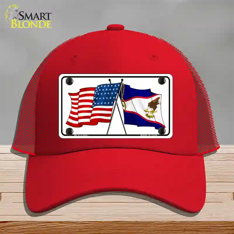 American Samoa USA Crossed Flags Novelty License Plate Hat Tag Mesh / Red